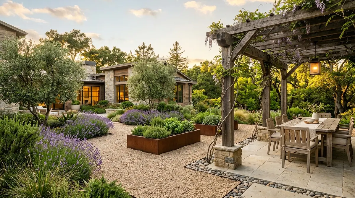 Backyard limestone patio with weathered cedar pergola, corten steel raised herb garden beds, and pea gravel pathways at golden hour