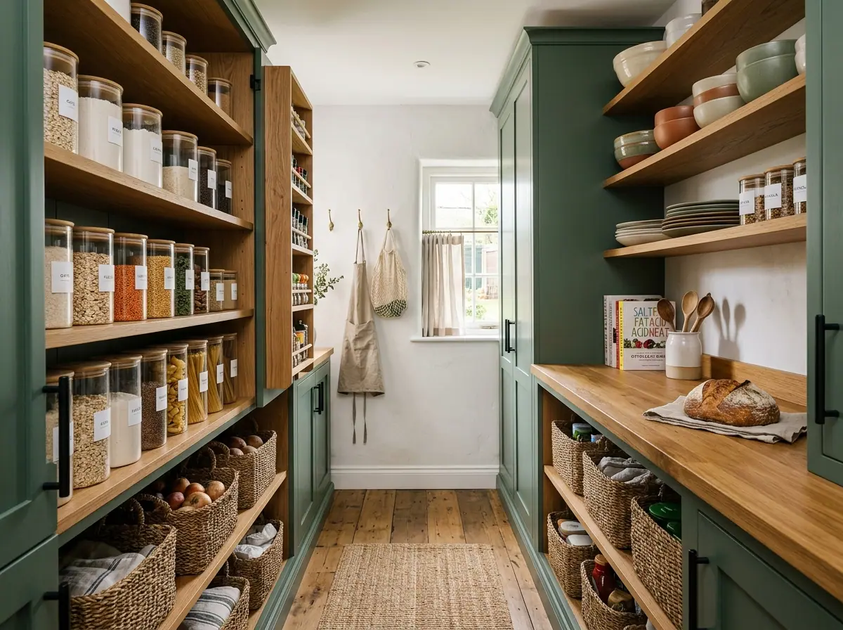 Organized walk-in kitchen pantry with muted forest green cabinetry, solid oak butcher block countertop, glass jars, and woven baskets