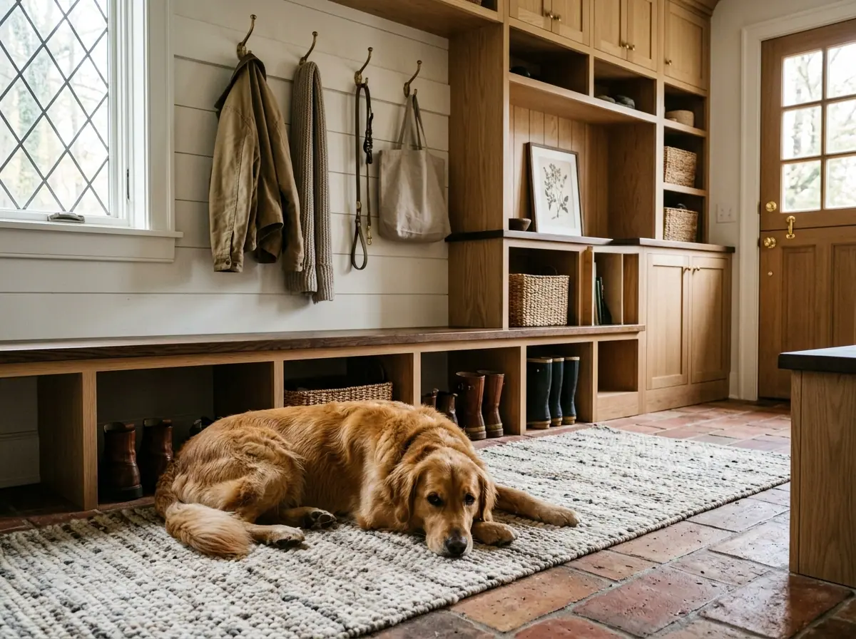 Golden retriever resting on a textured woven wool rug in a mudroom with custom built-in oak storage bench and terracotta floor tiles